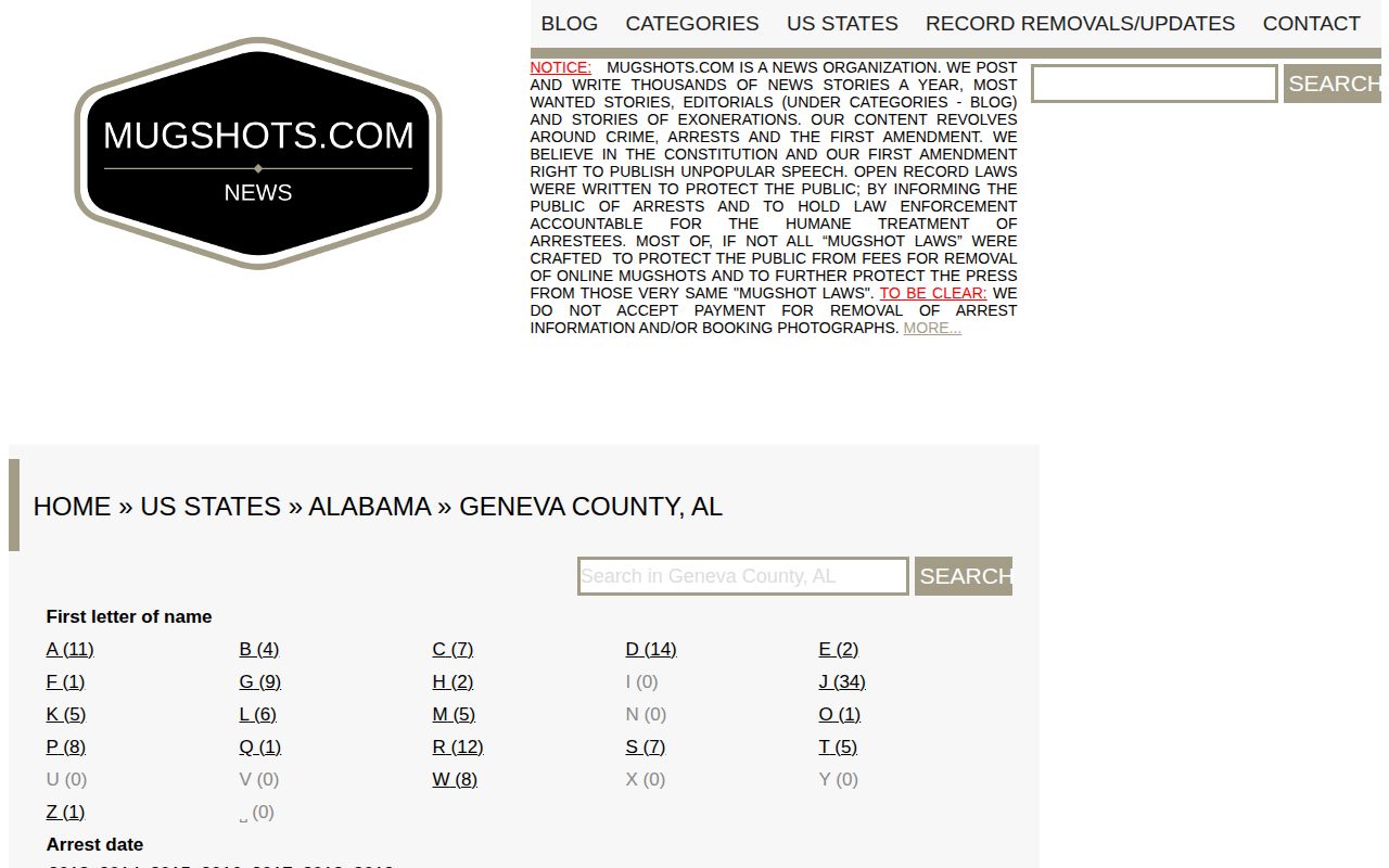 Unofficial stale Geneva County arrest archive on Mugshots.com