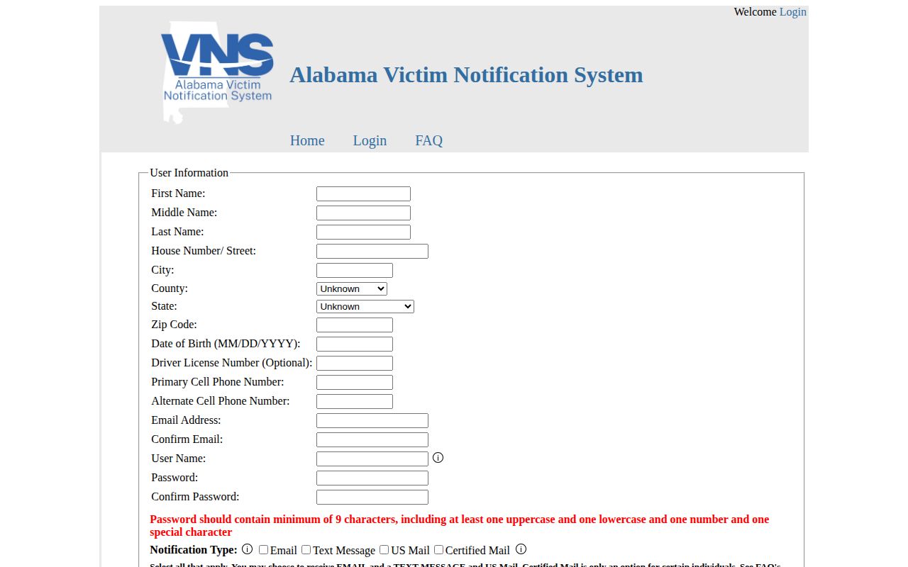 Alabama VNS registration form for Geneva County custody alerts